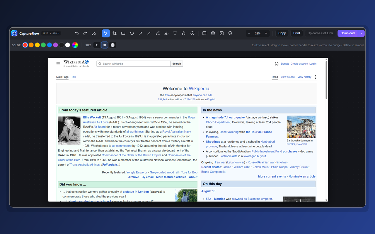 CaptureFlow editor toolbar with all twelve annotation tools and the colour and size row.