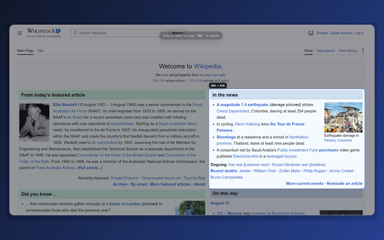 Region-selection overlay dimming a web page with a drag rectangle and live pixel dimensions.